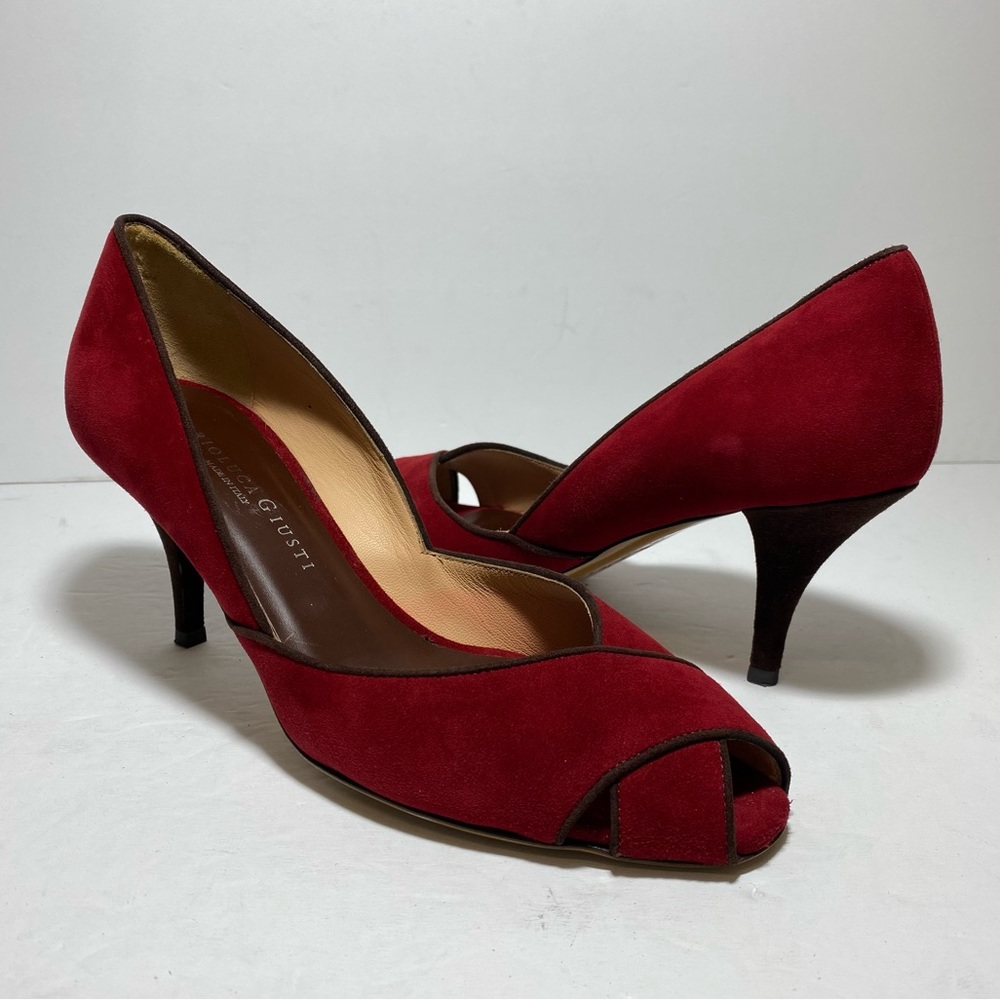 MARIOLUCA GIUSTI FIRENZE Red Suede Pump Heel Peep-toe Shoes Size EU 38 US 7.5